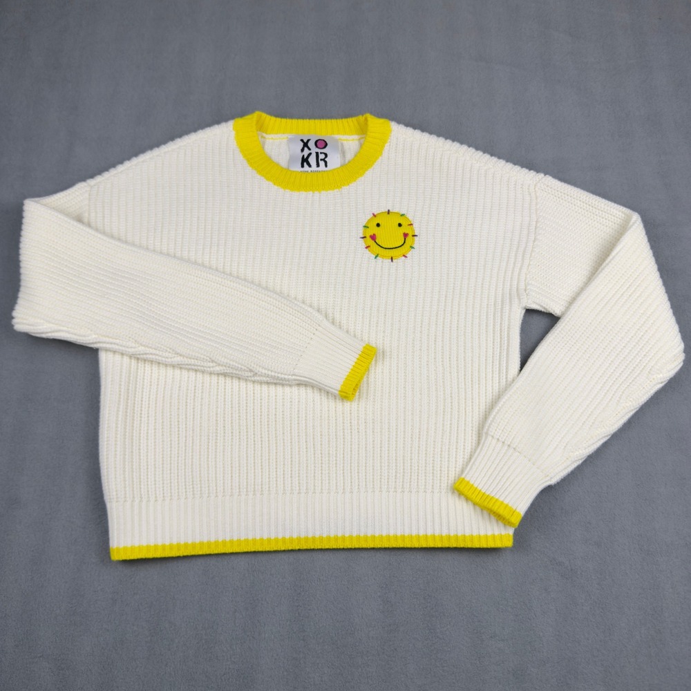 Kerri Rosenthal XOKR Sunny Day Ribbed Knit Smiley Face Sweater White Yellow XS